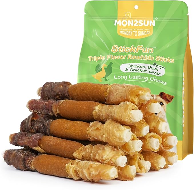 MON2SUN Dog Treats, 5 Inch Triple Flavor Chicken Pumpkin and Duck Wrapped Rawhide Sticks, Long Lasting Chews for Small and Medium Dogs, 10.58 oz (15 Count)
