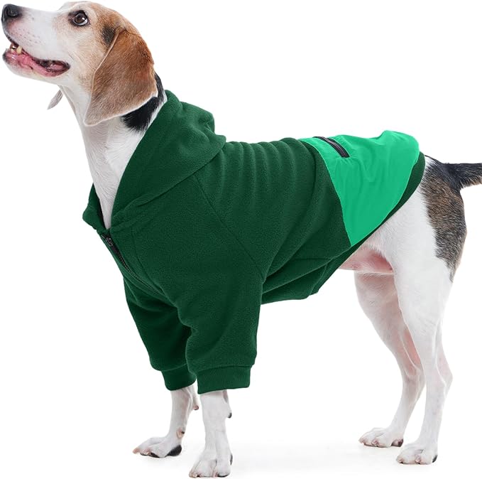 Nanaki Large Dog Hoodie with Pocket- Long Sleeves Fleece Sweater Adjustable Half-Zipperd Collar- Comfort Stretchy Dog Sweatshirt Hooded for Beagle, Warm Pullover Jacket Fall Winter Coat Green, L