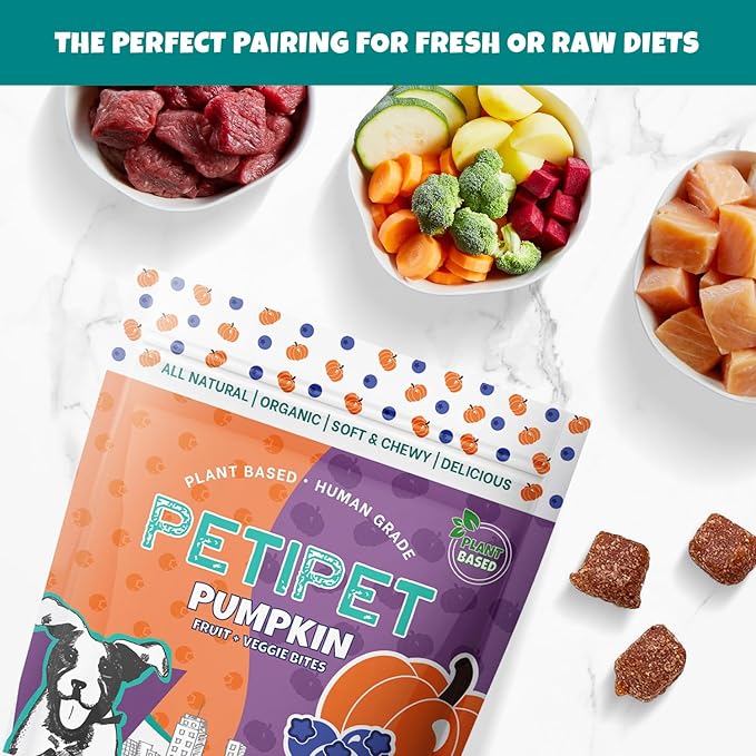 PETIPET Plant-Based Pumpkin Dog Treats - Pumpkin, Carrot, Apple, and Blueberry Soft & Chewy - Vegetarian, Vegan Dog Treats with Organic Ingredients - Low-Protein, Hypoallergenic, Gluten-Free