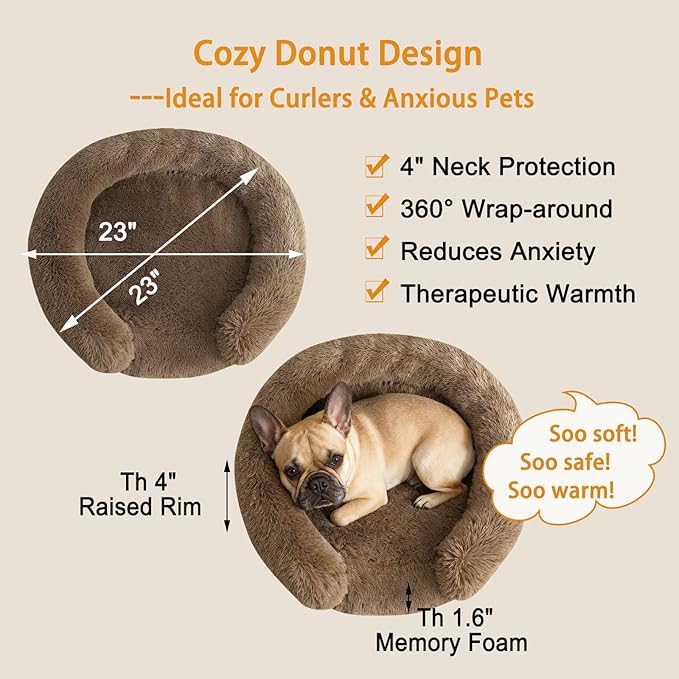 Calming Dog Bed for Small Medium Dogs, Anti-Anxiety Donut Washable Puppy Bed Orthopedic Cushion, Soft Fluffy Faux Fur Plush Warming Cozy Cat Bed, Fits up to 25 lbs Pets (Round, Coffee 23")