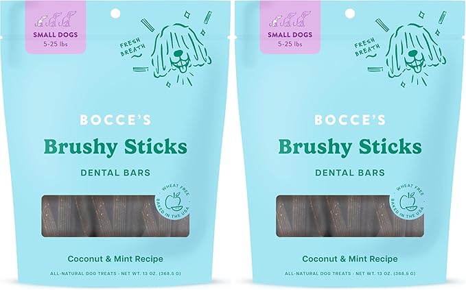 Bocce’s Bakery Dailies Brushy Sticks to Support Oral Health & Fresh Breath, Wheat-Free Dental Bars for Dogs,Made with Real Ingredients, Baked in the USA, All-Natural Coconut & Mint Recipe, (Pack of 2)