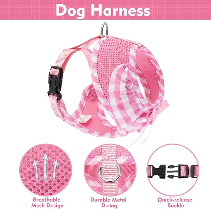 EXPAWLORER Cute Dog Harness and Leash Set - Pink Girl Dog Harness Checkered Step-in Design, Easy Adjustable No-Choke Lightweight Breathable Vest for Puppy Small Dogs Cats Outdoor Walking, Small