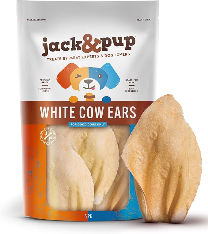 Jack&Pup Cow Ears for Dogs - White Whole Cow Ears, All Natural Single Ingredient, High Protein, Pig Ear and Rawhide Alternative Dog Treats - Cow Ears for Small and Large Dogs (15 Pack)