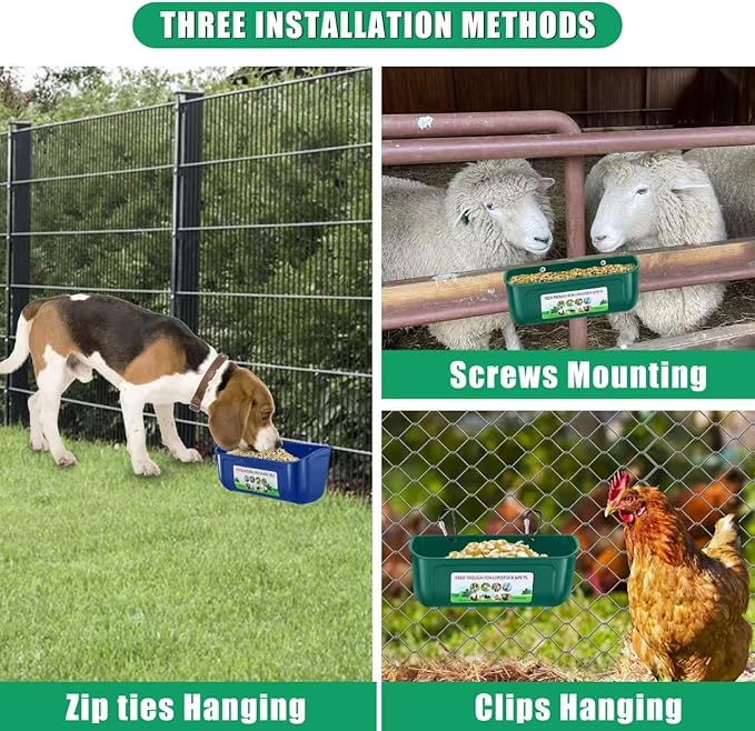 Chicken Feeder Waterer, 6 Pack Duck Feeder Supplies, Hanging Fence Feed Trough with Clips for Goat, Sheeple, Piglet, Gooses, Turkeys, Dog Livestock Poultry,Green