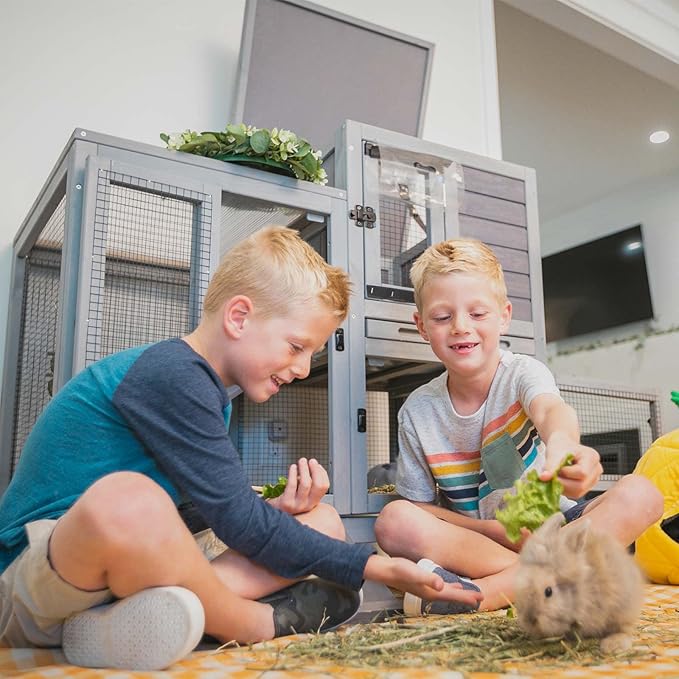Aivituvin Rabbit Hutch Bunny Cage Indoor and Outdoor, Two Story Guinea Pig Cage on Wheels with 2 Deeper No Leakage Trays (Grey with Movable Bottom Wire Mesh)