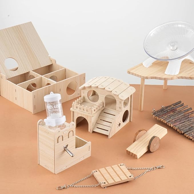 Hamster Toys Complete Set - Noiseless Silent Exercise Wheel, Maze Wood House, Stand, Chew Toys & Water Bottle Cage Accessories for Hamster, Rat, Mice Small Animal Habitat