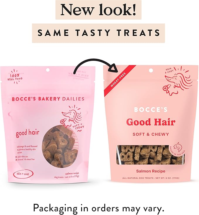 Bocce's Bakery Dailies Good Hair Dog Treats for Skin & Coat Support, Wheat-Free Dog Treats, Made with Real Ingredients, Baked in The USA, Natural Soft & Chewy, Salmon Recipe, 6 oz