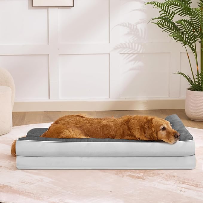 Dog Bed Large Sized Dogs, XXL Orthopedic Dog Bed for Large Dogs, Waterproof Pet Bed with Washable Removable Cover, L-Shaped Pet Couch with Portable Handle 48"x35"x7.5", Grey Flannel