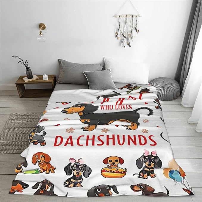 SweetFox Just A Girl Who Loves Dachshunds Blanket, Dachshund Dog Decor Throw Blanket Gifts for Girls Boys Lover Super Warm Soft Plush Fleece Flannel Bedding Blankets for Kids Adults Men Women 60"X50"