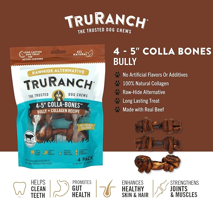 TRURANCH 4-5" Collagen Bones, Bully - Collagen Dog Bones - Long Lasting Healthy Joint Support - Rawhide Alternative - Skin & Coat Health, Value Pack, 3 Bags, 12 Count