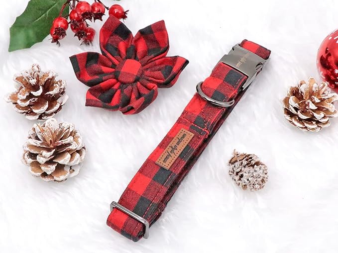 Uniqe Style Paws Christmas Grid Dog Collar, Female or Male Adjustable Puppy Collar with Flower, Durable Floral Pattern Pet for Large Dogs
