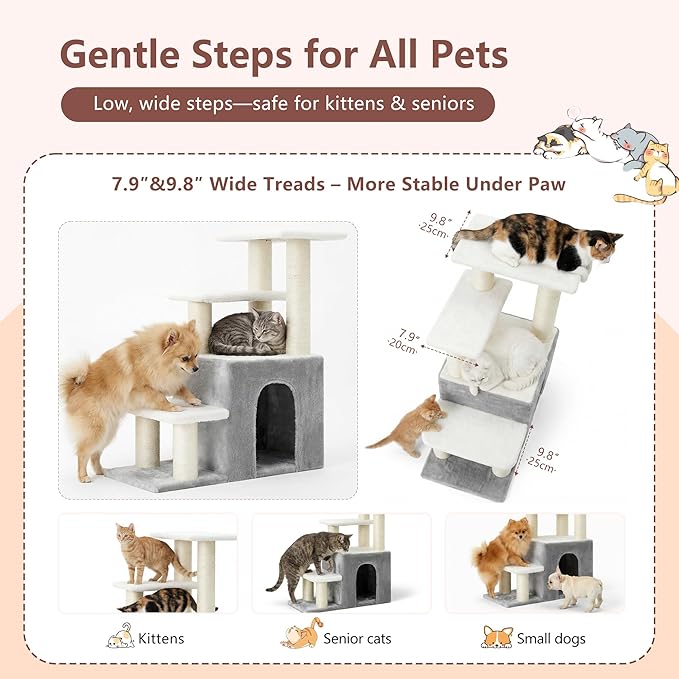 Heybly Pet Stairs for Cats, 29.5 inch High Dog Steps for Small Doggie Rabbits, 9.8''Depth Cat Stairs, Indoor Cat Ladders for High Bed for Pet's Joints, 1 Condo Cave, 6 Sisal Scratcher HSP002SWWH