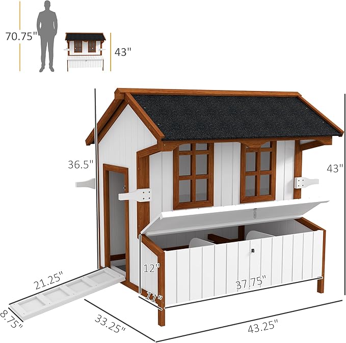 PawHut 47" Chicken Coop, Wooden Chicken House Raised Rabbit Hutch with Waterproof Roof, Nesting Box and Handles for 3-5 Hens, Poultry Cage Portable Hen Pen for Backyard