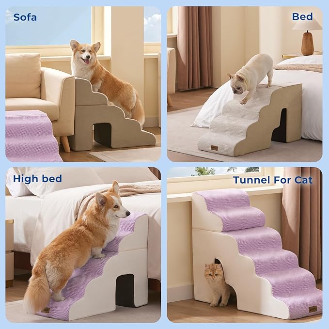 ZOMISIA Dog Steps for High Beds - 6 Step 29" H Pet Stairs with Tunnel 2 in 1 with Zippers Suitable for Large Dogs and Cats, Indoor Cat Ladders with Non-Slip Bottom, Beige