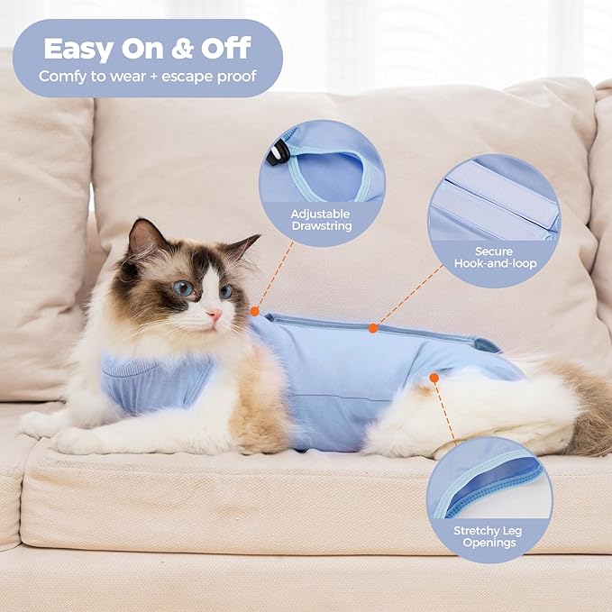 Avont Cat Recovery Suit Female Kitten After Spay Surgery, Breathable Modal Cotton Cat Onesie for Wound & Skin Disease Care, Machine Washable -Blue(S)