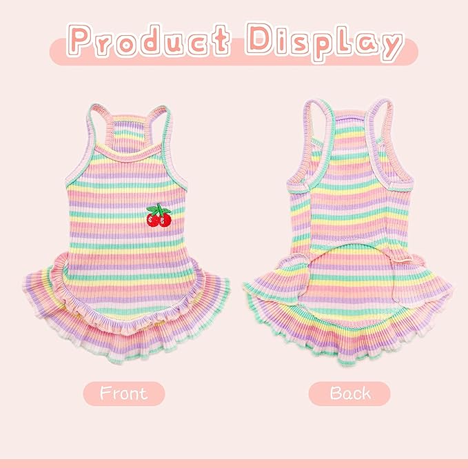 Cute Dog Dress for Small Dogs Girl Birthday Puppy Clothes Spring Summer Dog Outfits Rainbow Colorful Striped Cherry Princess Pet Tutu Skirt Doggie Cat Chihuahua Yorkies Dresses
