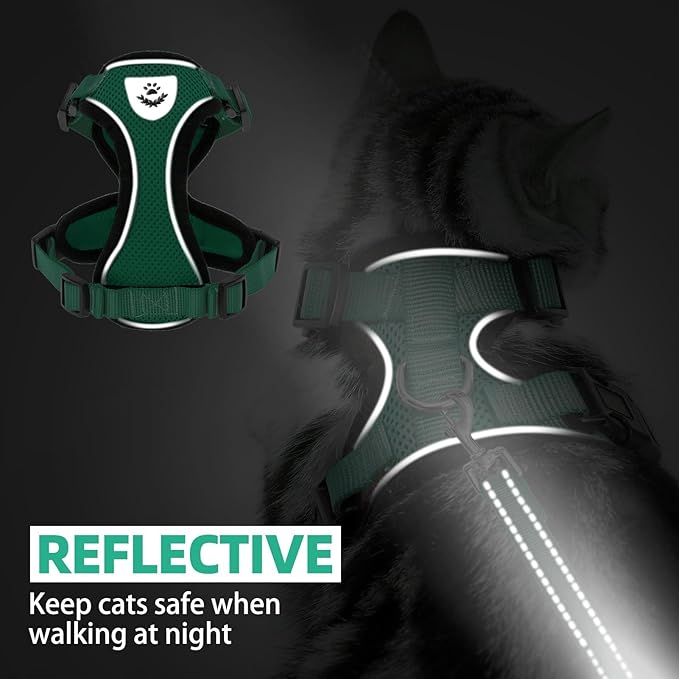 PUPTECK Cat Harness and Leash Set Escape Proof Reflective Cat Walking Harness Adjustable Soft Breathable Mesh Vest for Small Pets, Dark Green, L