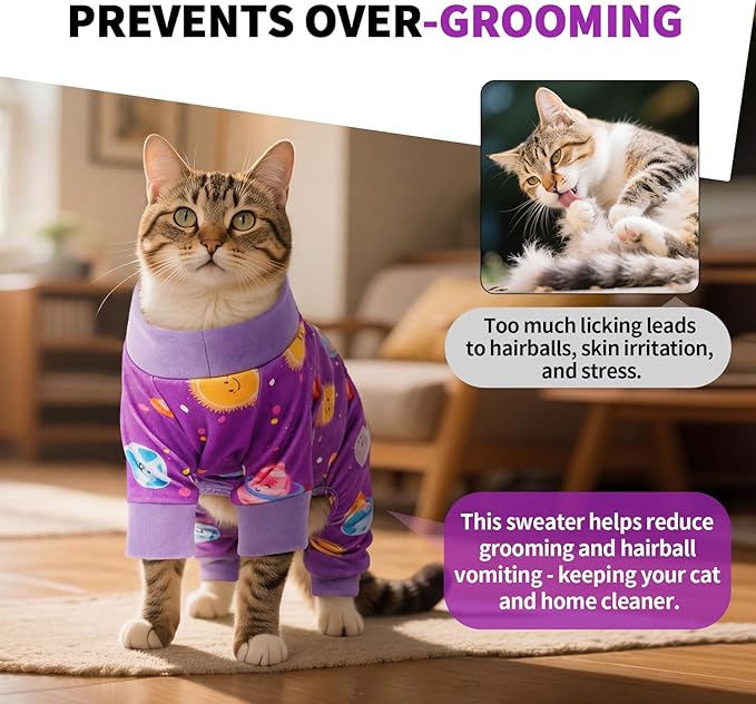 Sticky Hair Cat Clothes, Anti-Shedding Cat Pajamas, Post-Surgery Recovery Onesie, Soft Breathable, Prevents Licking & Scratching Wounds, Warm Cats Sweater, Sphynx Cats Clothing- Purple L