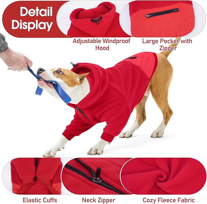 Nanaki Dog Hoodie for Large Dogs-Sweatshirt with Pocket, Long Sleeves Adjustable Warm Fleece Sweater Jacket Boy Girl for Bulldog Pug, Cold Weather Coat for Christmas Holiday Indoor Outdoor Red XL