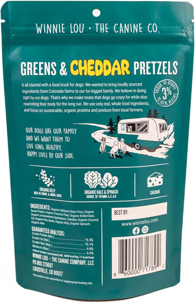 Winnie Lou Organic Dog Treats – Natural Dog Biscuits, USA Made, Organic Ingredients, Clean, Sensative Stomach, All Breed Sizes, High Protein, Hypoallergenic, Greens & Cheddar Pretzels (Pack of 2)