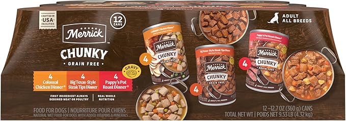 Merrick Chunky Beef and Chicken Recipes Canned Dog Food Variety Pack, Grain-Free Wet Dog Food,12.7 oz Cans