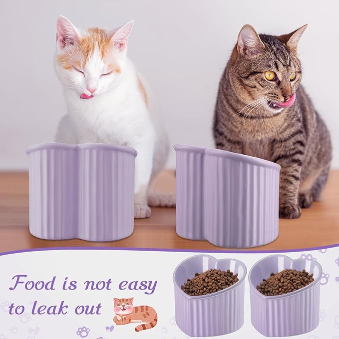 Mumufy 2 Pcs Ceramic Elevated Cat Bowls Tilted Elevated Raised Pet Bowls Anti Vomit Cat Dish for Indoor Stress Free Water Dish Feeder for Puppies, Heart Shaped (Purple)