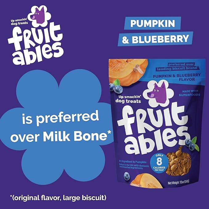 Fruitables Crunchy Dog Treats, (4) 12oz bag Variety Pack (Apple/Bacon, Pumpkin/Blueberry, Pumpkin/Banana, and Pumpkin/Apple)