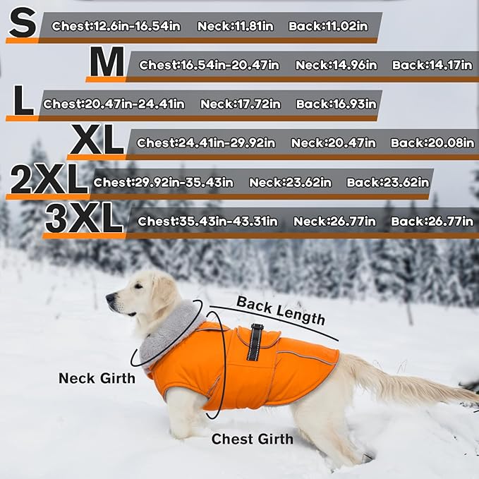 Lelepet Dog Coat Waterproof Dog Jacket Reflective Fleece Vest with Adjustable Buckle & Leash Hole Windproof Cold Weather Coats for Small Medium Large Dogs, Warm Hunting Vest, Orange, XXL