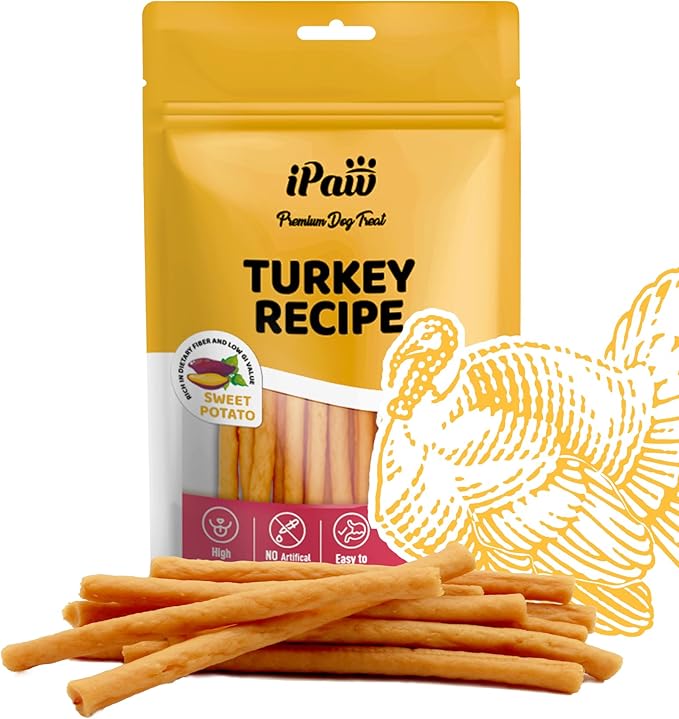 iPaw Turkey Dog Treats, All Natural Human Grade Dog Treat, Suitable for Training chew, Hypoallergenic, Rawhide Alternative, Thin Stick (Sweet Potato)