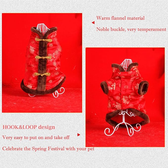 SEIS New Year Cat Knot Buttons Coat Dogs Cheongsam Winter Pet Clothes Vest Christmas Costume for Cats Teddy Bichon Small Medium Dogs (Brown, L (Chest Circumference 63cm/ 24.8"))