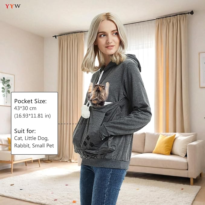 YYW Womens Pet Hoodies Pullover Sweatshirt Oversized Cat Hoodies Pet Holder Cat Dog Pouch Carriers (Dark Grey,XX-Large)