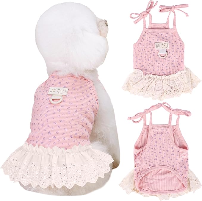 Dog Summer Clothes for Small Medium Dogs Cat Daisy Flower Cute Pet Dress with D-Ring Sleeveless Puppy Outfits Doggy Shirt for Shih Tzu Yorkie Chihuahua Colthe (Pink, Large(6.6-9.3lb))