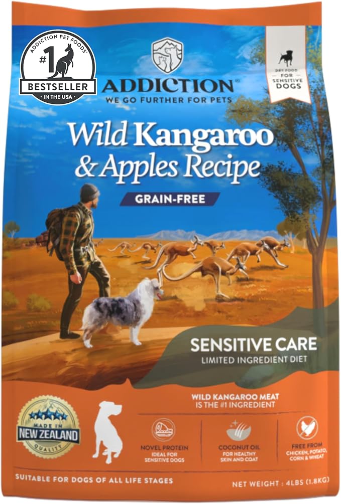 Addiction Wild Kangaroo & Apples Dry Dog Food - Limited Ingredient, Novel Protein for Dogs with Allergies, Grain-Free - Support Muscle Development & Manage Weight - Made in New Zealand 4lb
