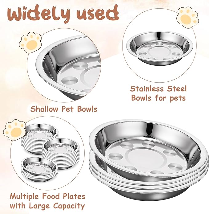 Giantree 24 Pcs Shallow Wide Stainless Steel Cat Bowls, Whisker Fatigue Relief Metal Pet Dishes Cat Food Feeding Plates Replacement for Small Dogs Cats and Other Small Animals