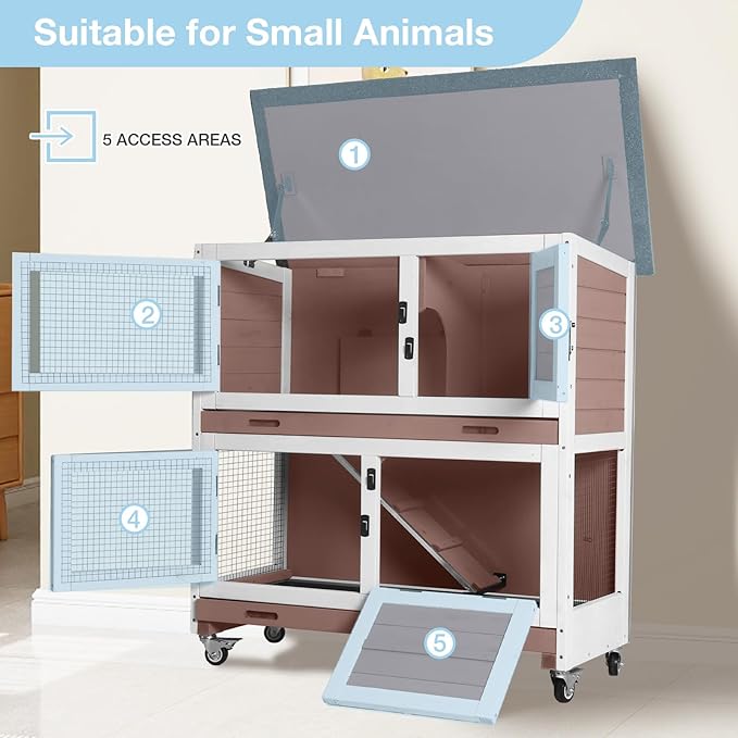 36’’ Wooden Rabbit Hutch Indoor or Outdoor, 2 Story Rabbit Cage with 2 Leak Proof Trays, Mobile Bunny Hutch with Wheels, Anti-Chew Ramp for Guinea Pig (Brown)