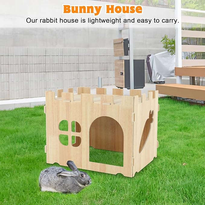 YUEPET Wooden Rabbit Castle, Rabbit Hideout and House Detachable Bunny Habitat Indoor Small Animal Hideout for Adult Bunny Guinea Pig Chinchilla