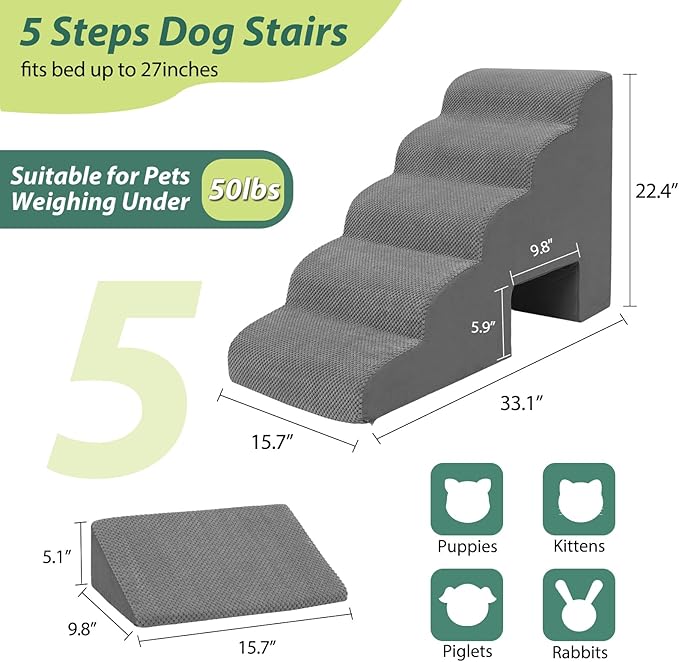 Dog Stairs for Bed up to 26", 5 Tier Dog Steps for Small & Medium Dogs, 23" H Non-Slip Balanced Pet Ramp with Washable Cover, Gray