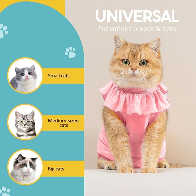 Avont Cat Recovery Suit - Kitten Onesie for Cats After Surgery, Cone of Shame Alternative Surgical Spay Suit with Ruffles for Female Cat, Post-Surgery or Skin Diseases Protection -Pink (L)