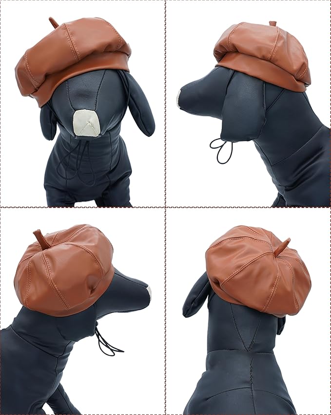 PET SHOW Dog Beret Hat for Small Dogs Cats Party Holiday Headband Cap French Leather Berets with Adjustable Chin Strap Cute Fashion Puppy Hats Pets Costumes Accessories(Brown,S)