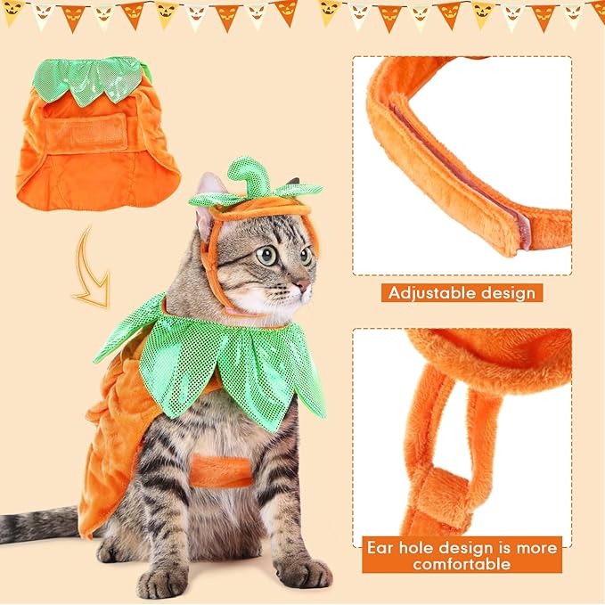 Huhumy 2 Sets Pet Pumpkin Costume Cat Halloween Cloak Hat Set for Dog Cat Halloween Costumes Pumpkin Hat for Dogs Puppy Poncho Small Medium Pets Cosplay