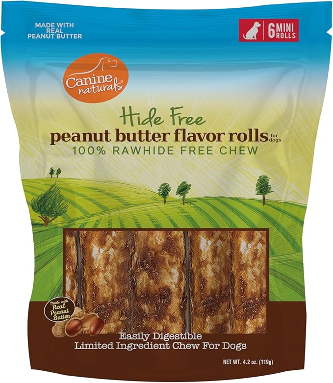 Canine Naturals Peanut Butter Chew - 100% Rawhide Free Dog Treats - Made with Real Peanut Butter - All-Natural and Easily Digestible - 6 Count of 2.5 Inch Mini Rolls for Dogs Under 20lbs