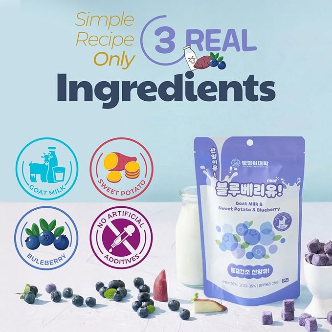 Freeze-Dried Goat Milk Dog Treats with Sweet Potato, Limited Ingredient Snack & Topper, Made in Korea, 1.76 oz (50g) (Blueberry)