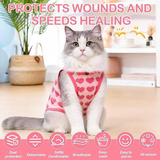 EMUST Cat Surgery Recovery Suit for Female Cats, Adjustable Soft E-Collar Alternative Onesie, Breathable Anti-Licking Post-Op Pet Pajamas for Spay & Abdominal Protection(Heart,M)