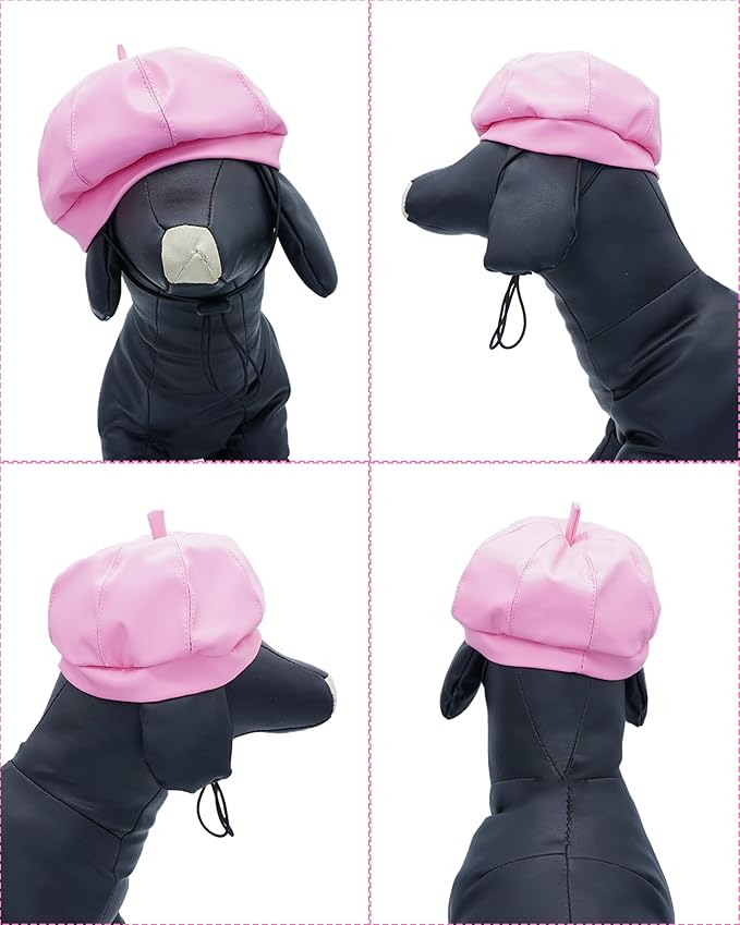 PET SHOW Dog Beret Hat for Small Medium Dogs Cats Party Holiday Headband Cap French Leather Berets with Adjustable Chin Strap Cute Fashion Puppy Hats Pets Costumes Accessories(Pink,M)