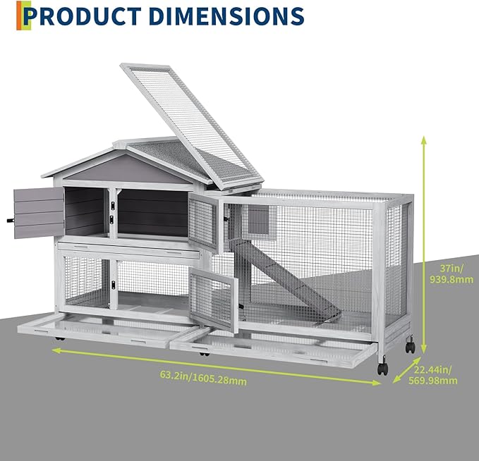 GarveeTech 63" 2-Story Wooden Rabbit Hutch Indoor, Large Bunny Cage Outdoor with 6 Lockable Wheels, Pull-Out Tray & Weatherproof Roof, Small Animal Cage for Rabbit Guinea Pig Chicken Duck, Grey