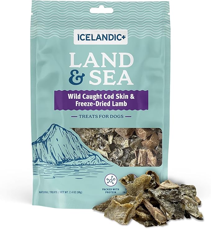 Icelandic+ Land & Sea Wild Caught Cod Skin & Freeze-Dried Lamb - 2.4oz Bag, Dog Treat & Food Topper, 2 Ingredients, No Preservatives, All Natural