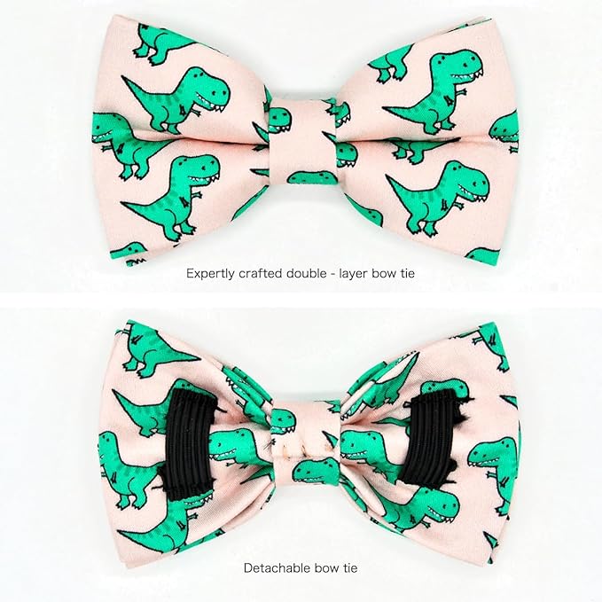 Cat Collar Bow Set, Green Dinosaur Pink Background, Wedding/Birthday Breakaway Collar Bowtie for Kitten/Cat