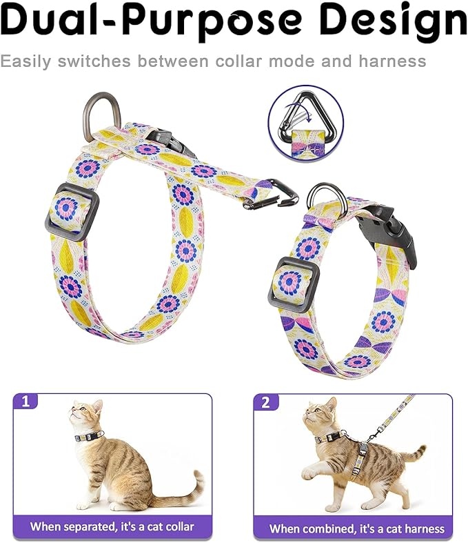 Halypet Cat Harness and Leash Set, Escape Proof 3-in-1 Adjustable Harness for Cats & Kitten, Soft Lightweight, Easy On & Control for Walking, Travel & Outdoor Use, Pastel Floral, Small