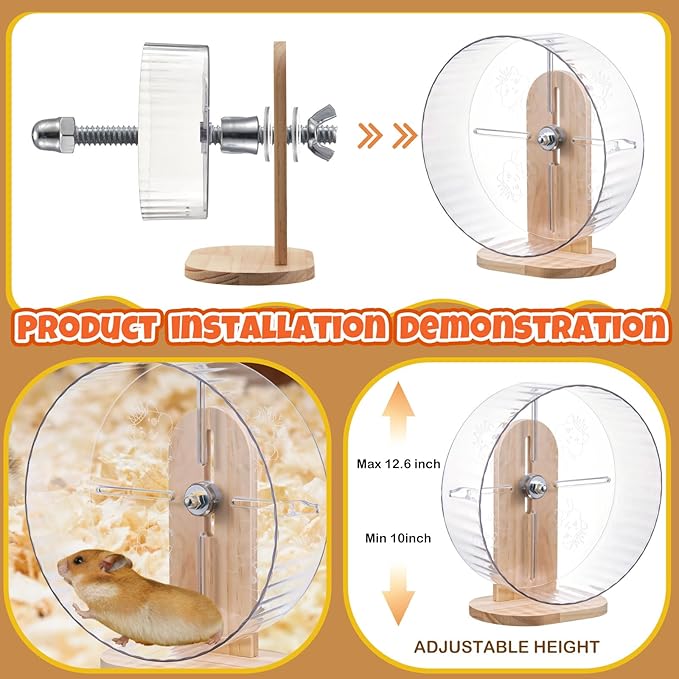 40 Pcs Hamster Cage Accessories, 9.5'' Exercise Wheel, Wood Platform Hideout House, Water Bottle, Sand Bath, Bowl, Chew Toys for Syrian Hamsters Mice Gerbils Habitat Decor(Interactive Style)