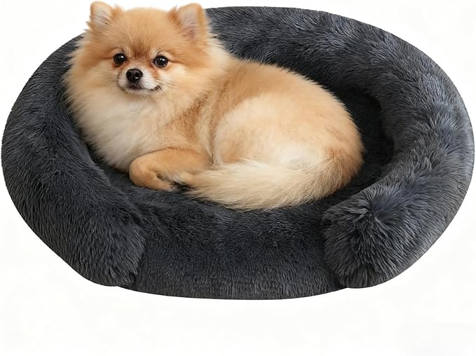 Calming Dog Bed for Small Medium Dogs, Anti-Anxiety Donut Washable Puppy Bed Orthopedic Cushion, Soft Fluffy Faux Fur Plush Warming Cozy Cat Bed Fits up to 25 lbs Pets (Round, Dark Grey 23")